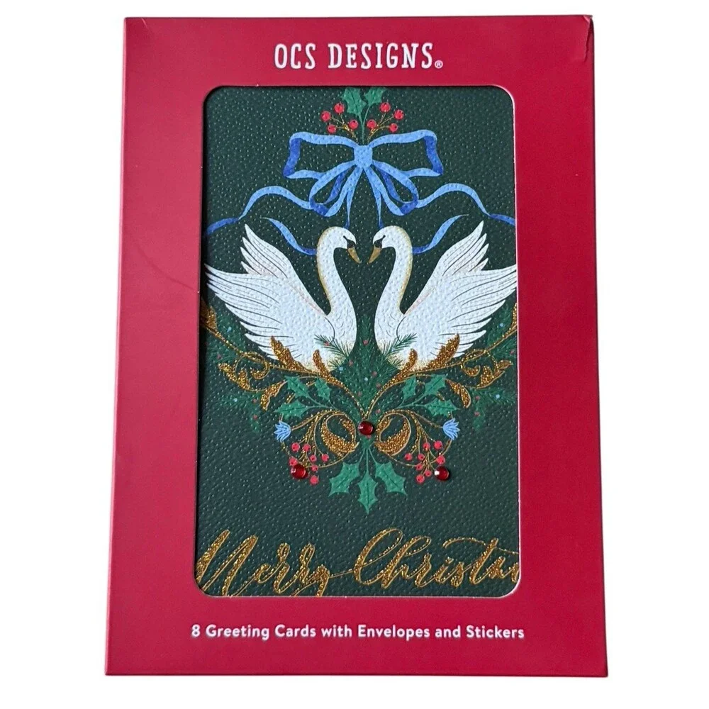 Merry Christmas Swan Note Cards Blank Box Set 8 Blank with Envelopes & Stickers
